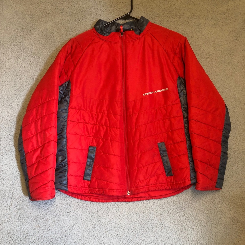 Under Armour Puffer Jacket Red Grey‎ YXL Youth Extra Large Coat Loose Fit Logo